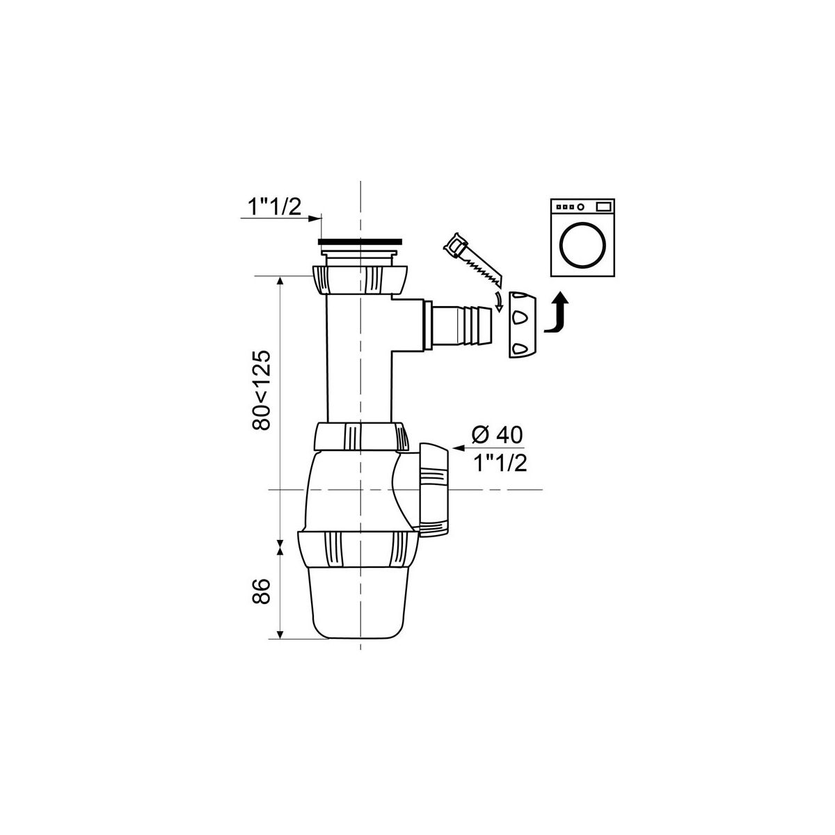 Siphon Universel Pour évier 1½” Avec Prise Lave-vaisselle – Sortie 40 Mm, Hauteur Réglable 130-300 Mm, Blanc, Gain De Place - 4